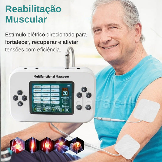 Eletroestimulador TENS e Corrente Russa Portátil Recarregável - 4 Canais - Conecta 8 Eletrodos LF-2026