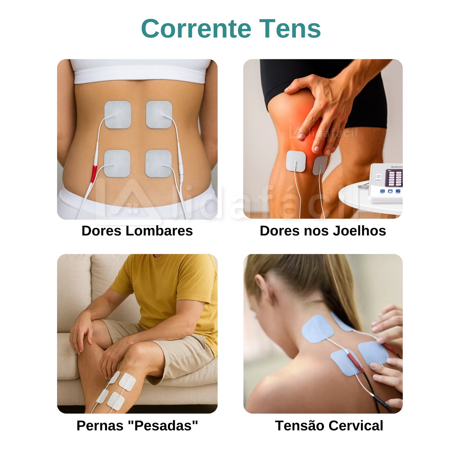 Eletroestimulador TENS e Corrente Russa Portátil Recarregável - 4 Canais - Conecta 8 Eletrodos LF-2026