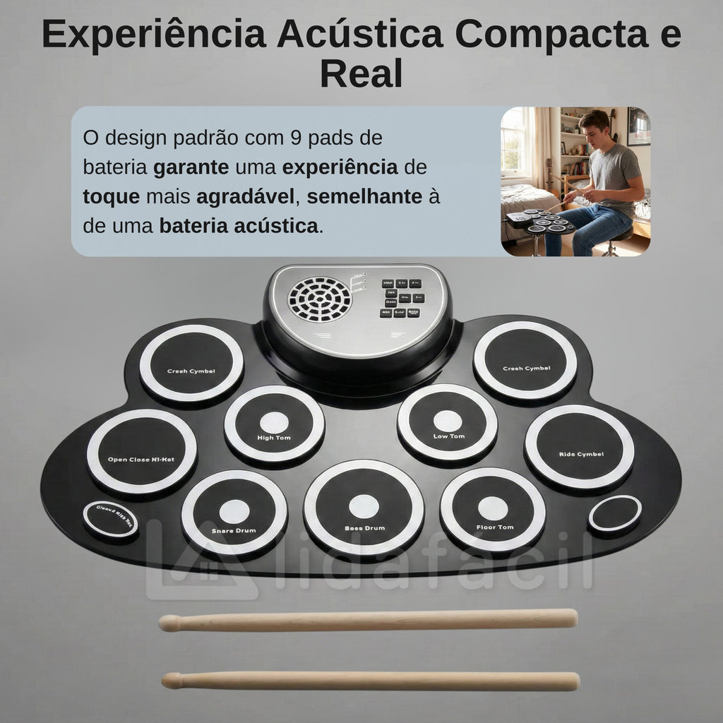 Bateria Eletrônica Portátil com Alto Falantes, Pedais e 9 Pads - Recarregável