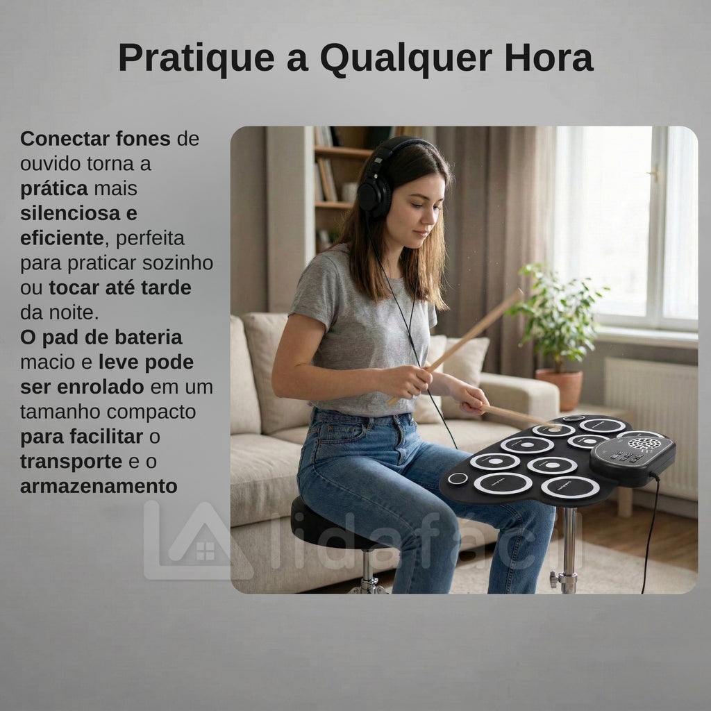 Bateria Eletrônica Portátil com Alto Falantes, Pedais e 9 Pads - Recarregável
