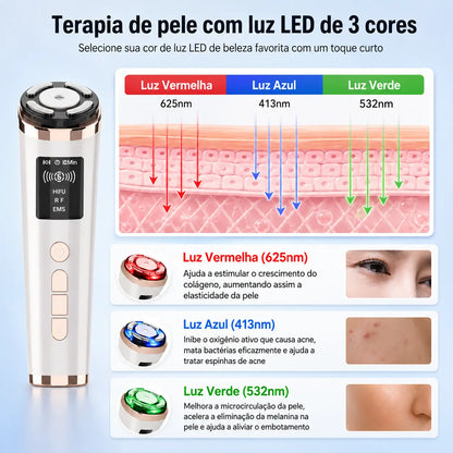 Massageador Facial HIFU e EMS com LED 3 Cores para Rejuvenescimento, Firmeza e Lifting Facial