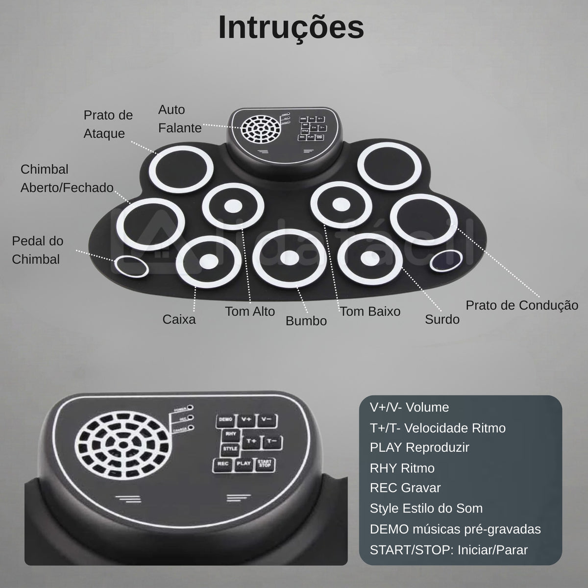 Bateria Eletrônica Portátil com Alto Falantes, Pedais e 9 Pads - Recarregável