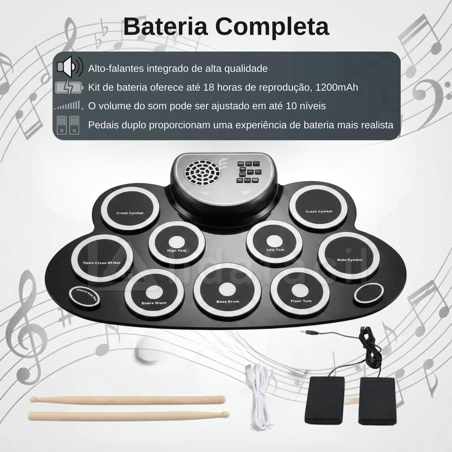 Bateria Eletrônica Portátil com Alto Falantes, Pedais e 9 Pads - Recarregável