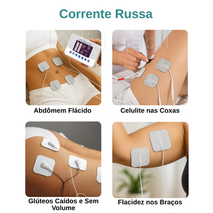 Eletroestimulador TENS e Corrente Russa Portátil Recarregável - 4 Canais - Conecta 8 Eletrodos LF-2026