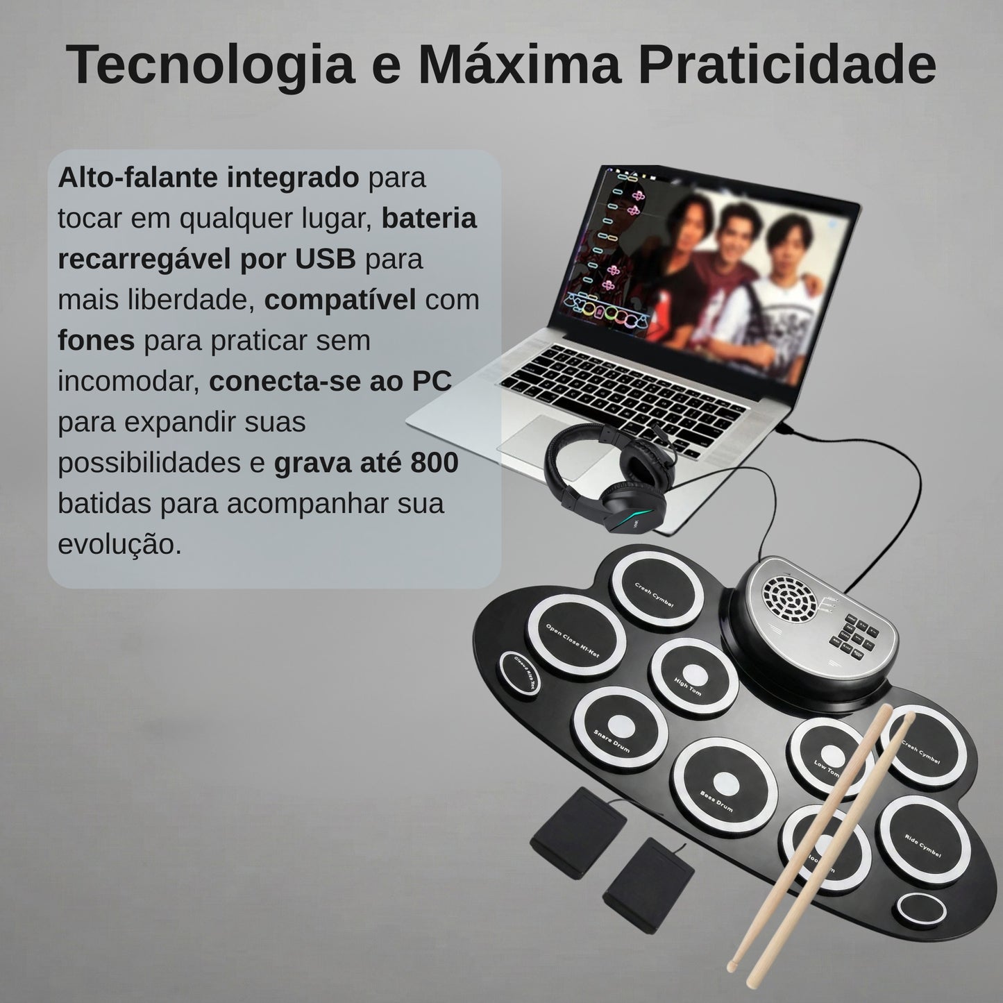 Bateria Eletrônica Portátil com Alto Falantes, Pedais e 9 Pads - Recarregável