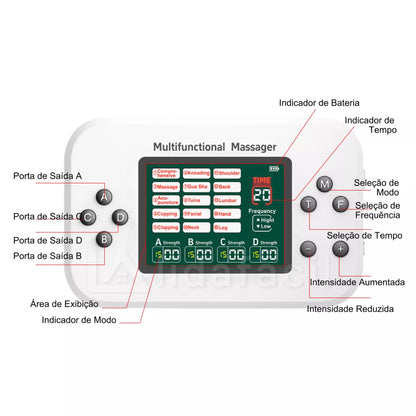 Eletroestimulador TENS e Corrente Russa Portátil Recarregável - 4 Canais - Conecta 8 Eletrodos LF-2026