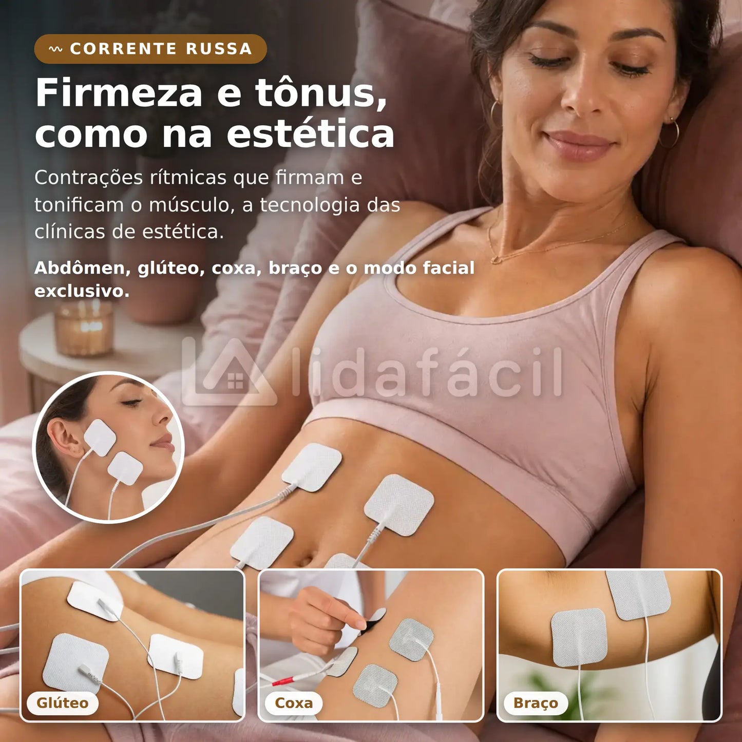 Mulher reclinada com eletrodos de Corrente Russa no abdômen: firmeza e tônus para abdômen, glúteos, coxas e braços