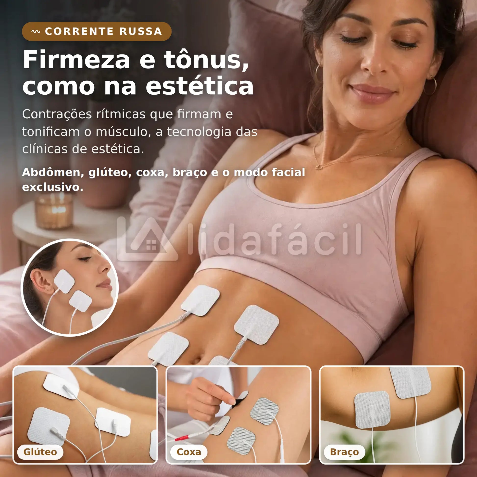Mulher reclinada com eletrodos de Corrente Russa no abdômen: firmeza e tônus para abdômen, glúteos, coxas e braços