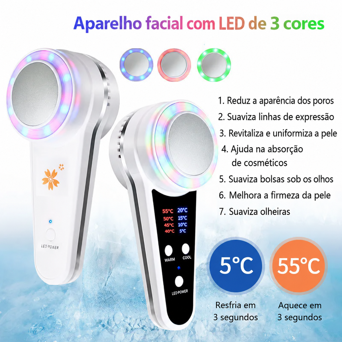 Dispositivo de Crioterapia Facial Quente e Frio com Fóton Azul - Massageador Anti-Acne e Lifting
