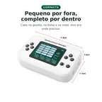 Diagrama com as medidas do aparelho: 17,8 cm de largura, 11,4 cm de profundidade e 4,2 cm de altura — compacto e portátil