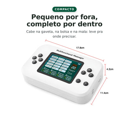 Diagrama com as medidas do aparelho: 17,8 cm de largura, 11,4 cm de profundidade e 4,2 cm de altura — compacto e portátil