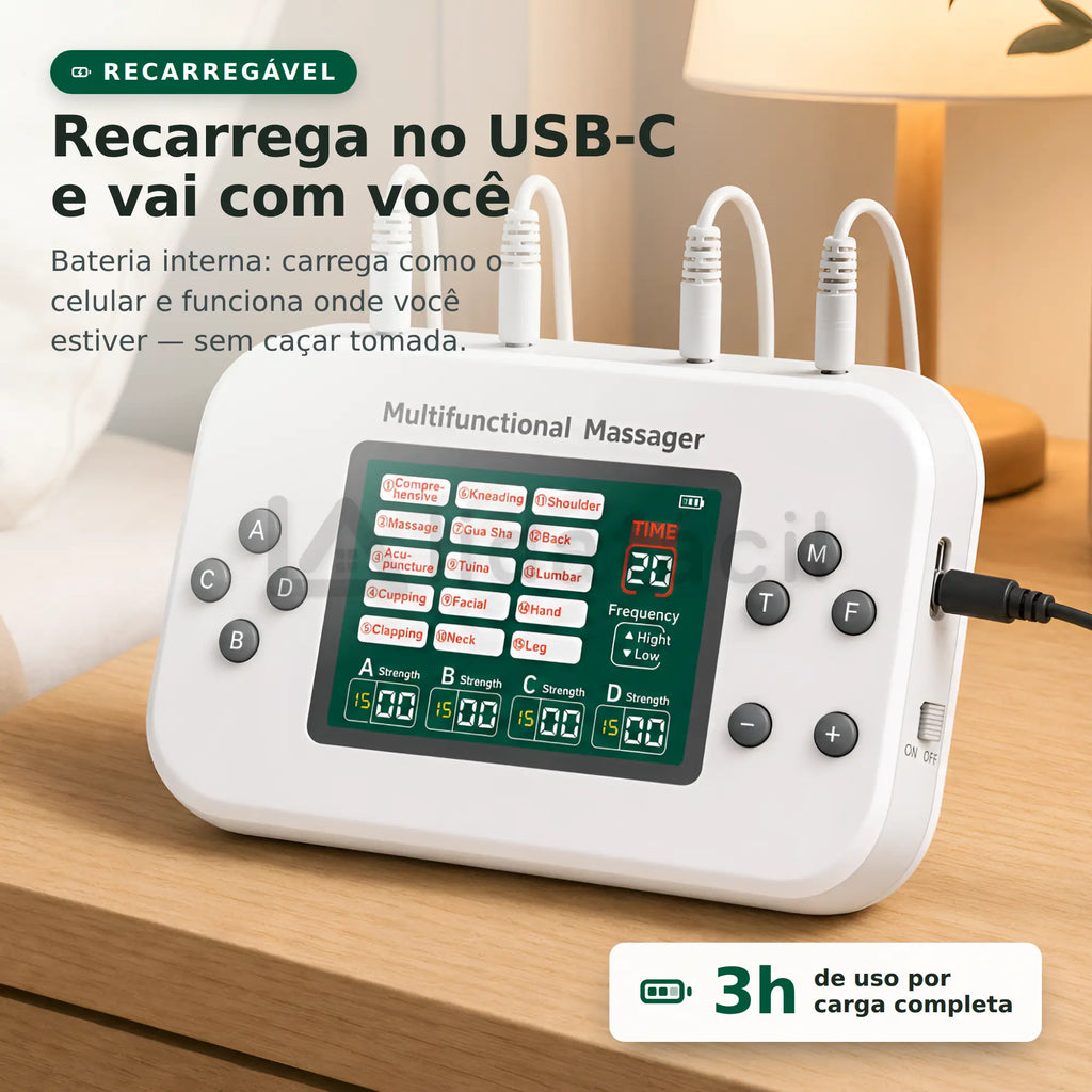 Aparelho carregando pelo cabo USB-C: bateria recarregável com até 3 horas de uso por carga