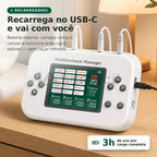 Aparelho carregando pelo cabo USB-C: bateria recarregável com até 3 horas de uso por carga