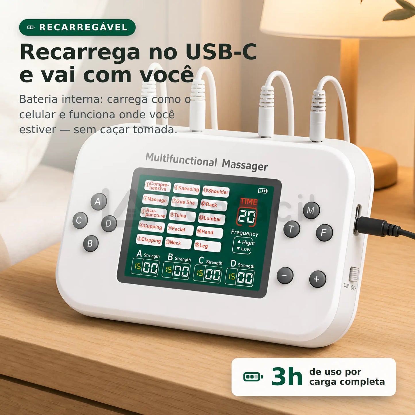 Aparelho carregando pelo cabo USB-C: bateria recarregável com até 3 horas de uso por carga