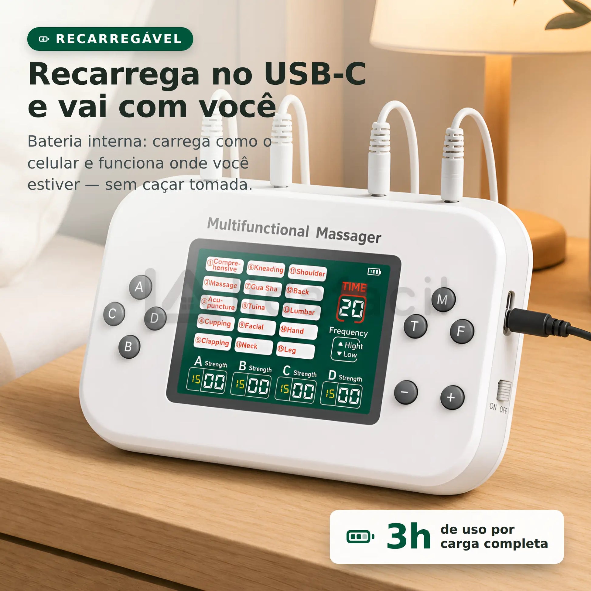 Aparelho carregando pelo cabo USB-C: bateria recarregável com até 3 horas de uso por carga