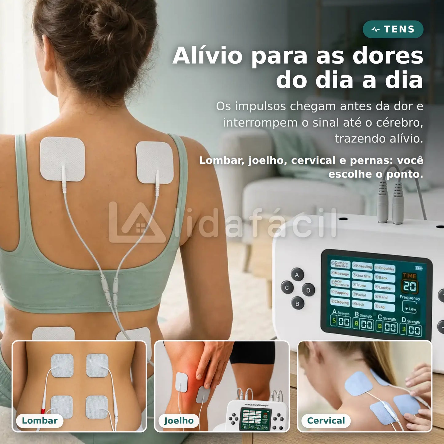 Homem com eletrodos TENS aplicados nas costas: alívio para lombar, ombros, joelhos e outras regiões de dor