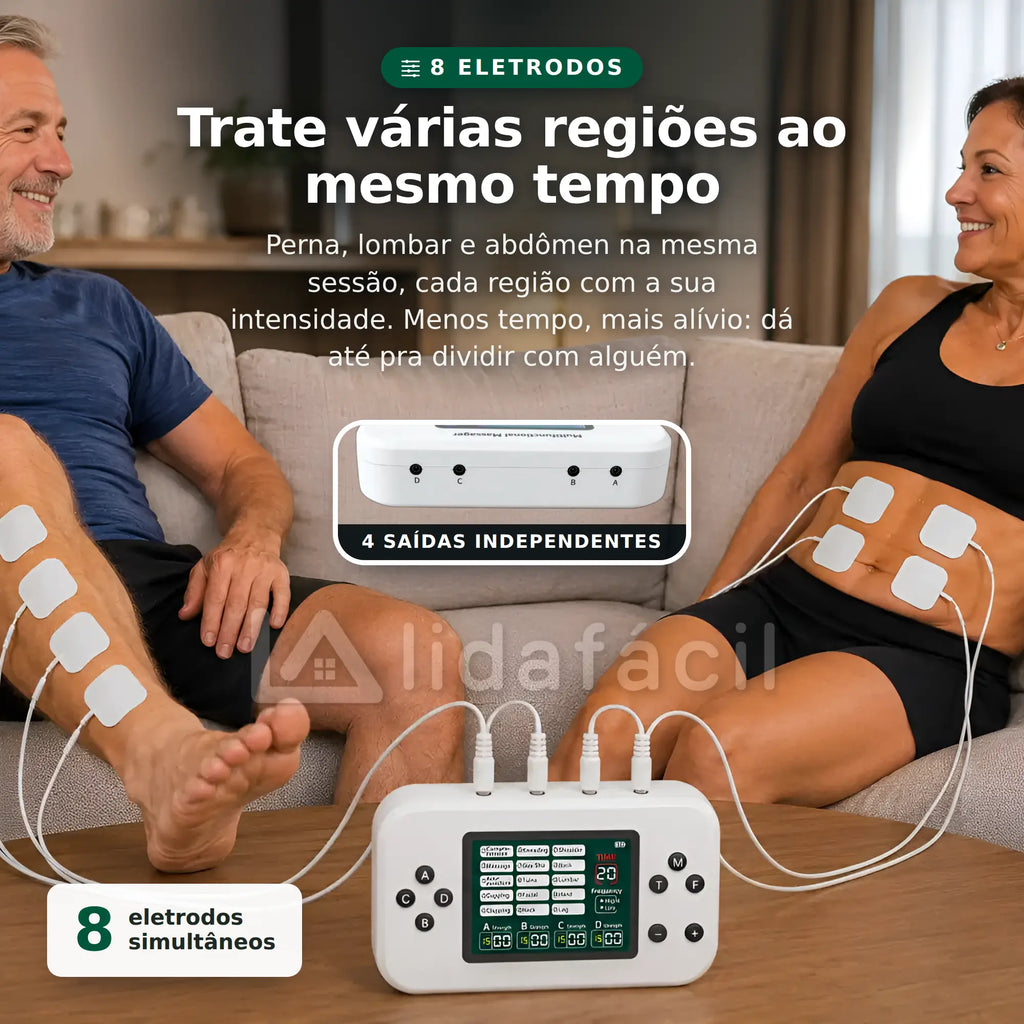 Casal no sofá tratando várias regiões ao mesmo tempo com o mesmo eletroestimulador: ele com eletrodos na perna, ela no abdômen — 8 eletrodos simultâneos em 4 saídas independentes