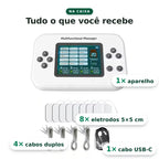 Conteúdo da caixa: 1 aparelho, 8 eletrodos de 5×5 cm, 4 cabos duplos e 1 cabo USB-C