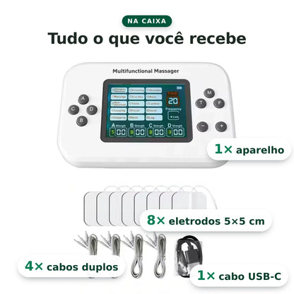 Conteúdo da caixa: 1 aparelho, 8 eletrodos de 5×5 cm, 4 cabos duplos e 1 cabo USB-C