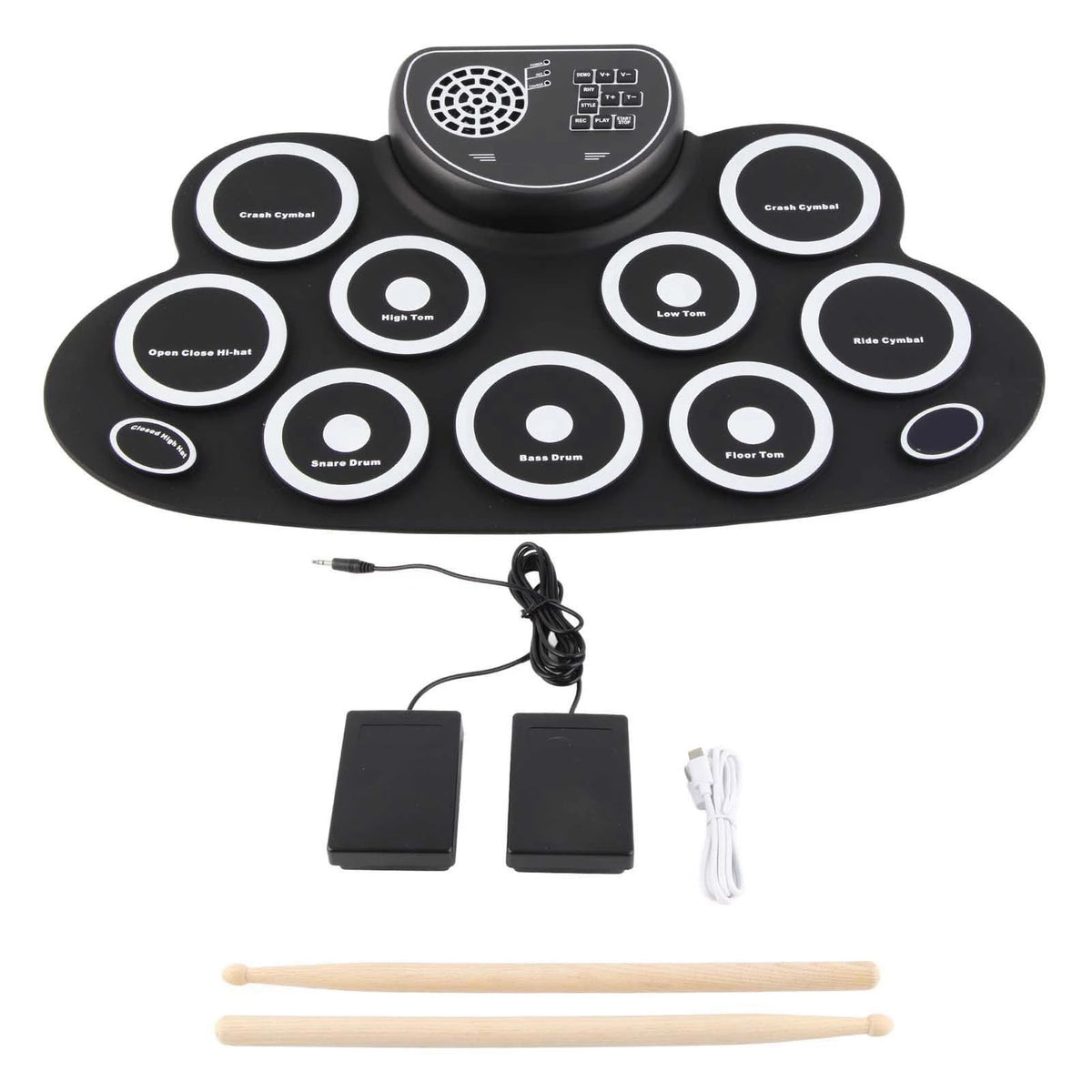 Bateria Eletrônica Portátil com Alto Falantes, Pedais e 9 Pads - Recarregável