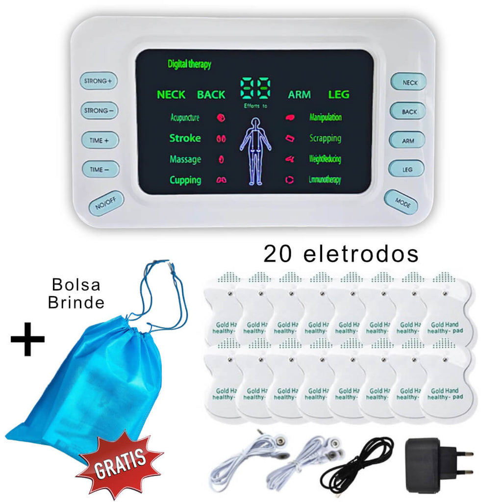 Aparelho Corrente Russa e Tens Eletroestimulador Muscular com Bateria + 20 Pads